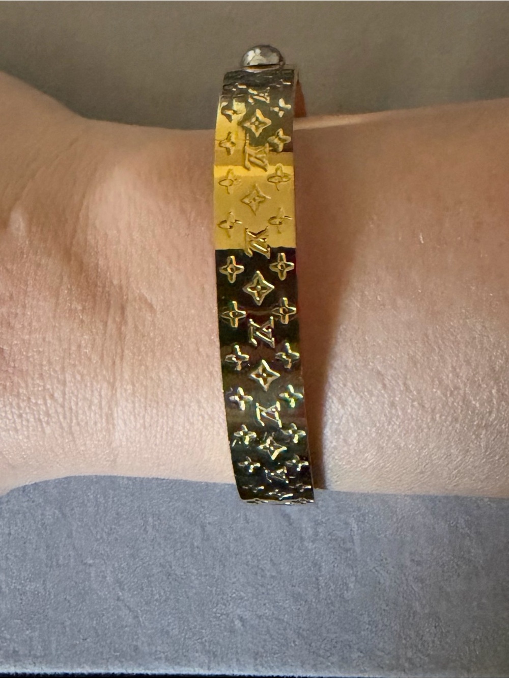 Gold-Tone Women's Bangle Bracelet with Signature Monogram Pattern